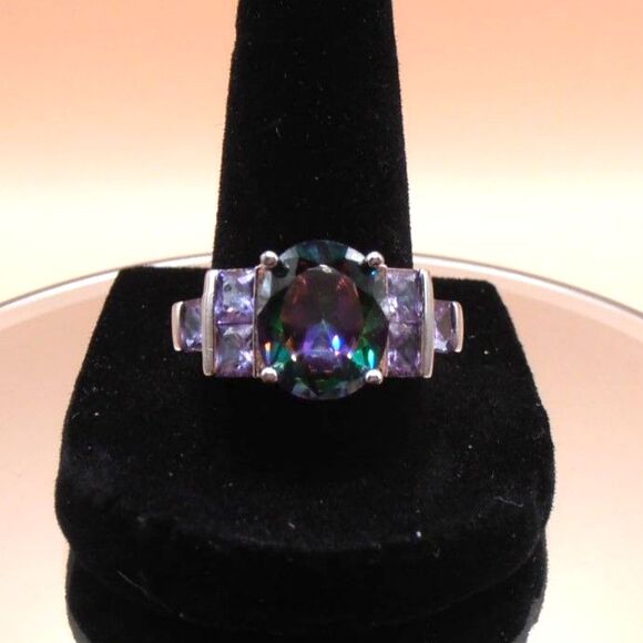 Silver Plated (925) Mystic Topaz w/ Purple Square Accent Stones Sz. 9 - Picture 1 of 6